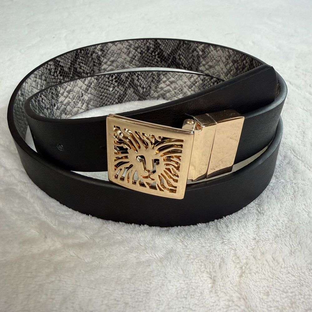 Vintage Anne Klein‎ Gold Lion Head Logo Buckle Reversible Snake Skin Belt 29-35" - Picture 2 of 12